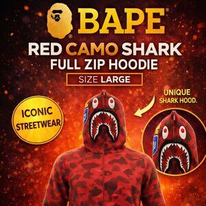BAPE Red Camo Shark Full Zip Hoodie – Size Large – Iconic Streetwear